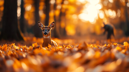 Poster - Deer in the distance within a dense autumn forest vibrant orange and yellow leaves hunter crouched quietly behind a tree blending into the scenery crisp fall morning 