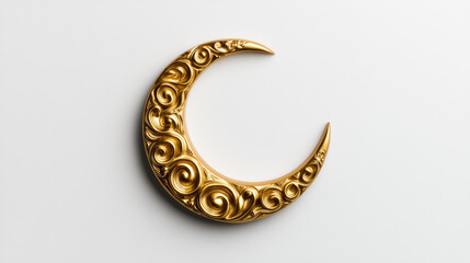 Poster - Delicate golden crescent moon surrounded by swirling Islamic patterns casting soft shadows isolated on white background symbolizing Ramadan aesthetics 