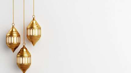 Sticker - Detailed golden lanterns in traditional designs accompanied by crescent moon symbols softly lit isolated on white background reflecting Ramadan spirit 