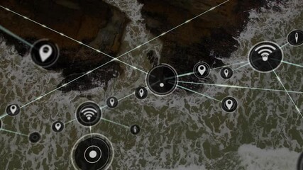 Poster - Network connectivity icons and lines animation over aerial view of rocky coastline