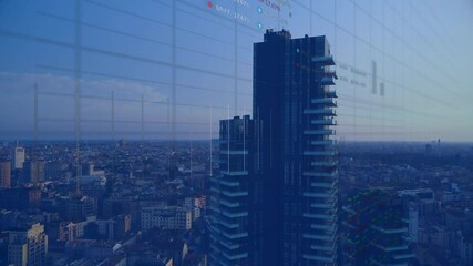 Wall Mural - Financial data and stock market animation over cityscape with tall buildings
