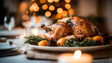 A beautifully roasted turkey served on a festive table surrounded by autumn leaves, pumpkins, and warm candlelight, perfect for a cozy Thanksgiving dinner