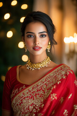 Elegant Diwali portrait of a woman wearing a vibrant red and gold saree intricate embroidery and jewelry complementing her festive look warm lights and traditional decor in the background 