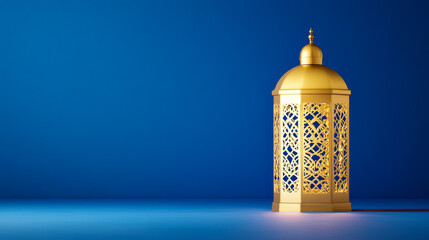 Wall Mural - Elegant lantern with intricate gold patterns illuminated against a deep blue background casting soft shadows symbolizing Ramadan nights 