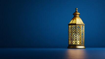 Poster - Elegant lantern with intricate gold patterns illuminated against a deep blue background casting soft shadows symbolizing Ramadan nights 