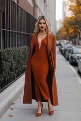 Wall Mural - Elegant Thanksgiving attire with a rust-colored midi dress paired with a long wool coat and heeled boots subtle gold jewelry and earth-tone accessories add sophistication perfect for a festive dinner 