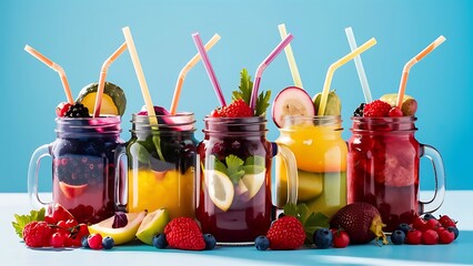 Organic detox drinks with berries, fruits and vegetables in jars with straws isolated on blue