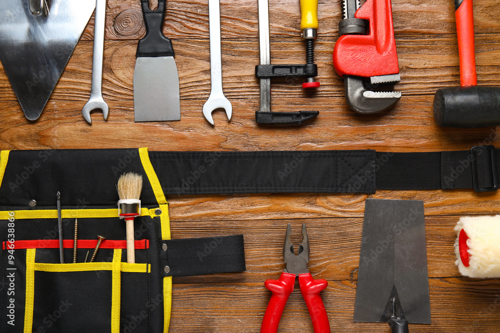Set of construction tools on wooden background