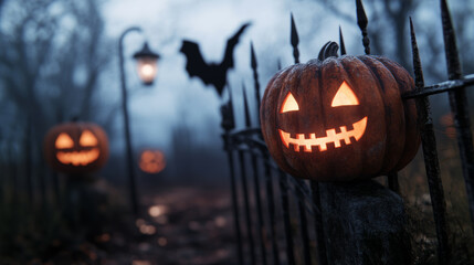 Sticker - Entrance of a Halloween shop decorated with grinning pumpkins, rusted iron gate, ghostly silhouettes floating nearby, crows perched on spiked fence, vintage street lamp casting dim light 