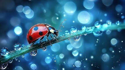 Poster -   A ladybug rests on a blade of grass, adorned with droplets of water on its back and sides