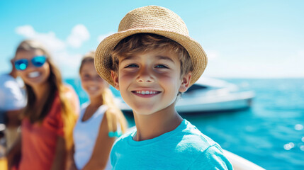 Family boarding a rental boat at a busy dock excited expressions bright sunny day ready for a fun-filled adventure on the water 