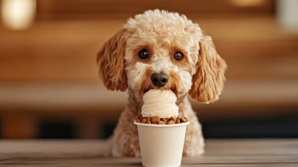 Wall Mural - Fluffy poodle savoring a gourmet dog ice cream cup with peanut butter swirl and crunchy kibble toppings rustic wooden table soft golden light cozy vibes 