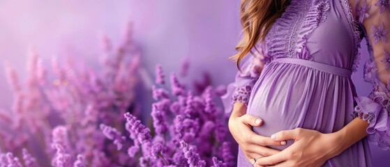 Poster - Elegant pregnant woman in a purple dress, gently holding her belly, radiating joy and anticipation. Free copy space for banner.