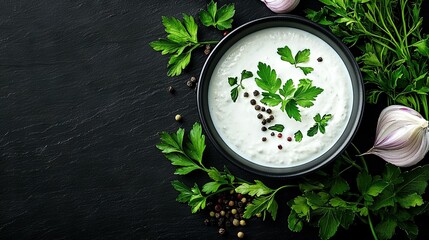 Canvas Print -   A bowl of yogurt rests on a table with surrounding herbs, garlic, peppers, and black pepper