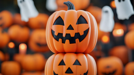 Sticker - Halloween shop display featuring a towering stack of pumpkins, ghostly figures floating above, and flickering candles dark tones with orange and black accents 