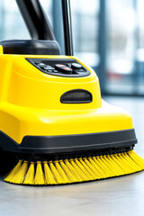 High-performance industrial floor scrubber with dual brushes, yellow safety accents, detailed close-up of control panel, isolated with empty space for text 