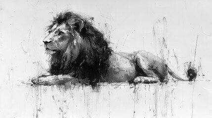 Wall Mural -  Black and white illustration of a lion reclining on the ground with its head perched on a rock