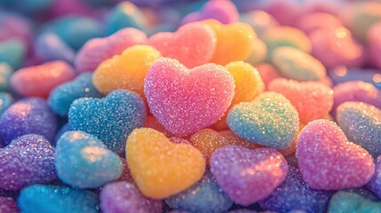 Wall Mural -   Blue, pink, and yellow candies pile under heart-shaped candies