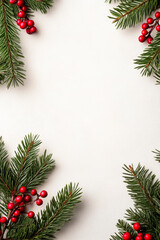 Poster - Minimalist white Christmas invitation with stylish calligraphy pine branches and red berries delicate snow and subtle shadows isolated on a soft beige background 