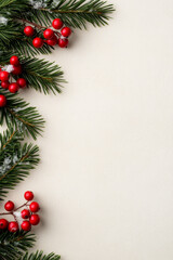 Wall Mural - Minimalist white Christmas invitation with stylish calligraphy pine branches and red berries delicate snow and subtle shadows isolated on a soft beige background 