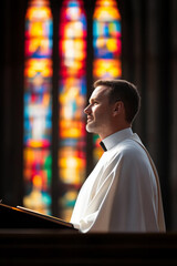 Sticker - Priest giving a sermon at the pulpit sunlight streaming through stained glass windows background showcasing a moment of spiritual guidance 