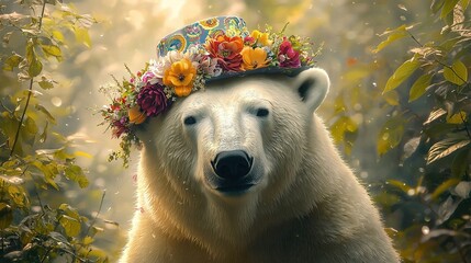 Sticker -   A polar bear wearing a floral hat stands in a leaf-filled forest