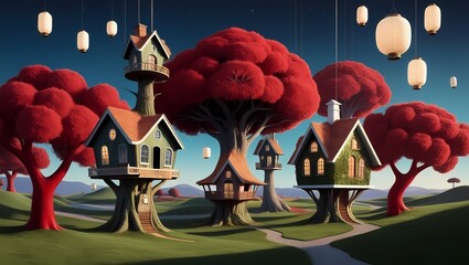Wall Mural - Whimsical Tree Houses in a Surreal Landscape
