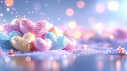 Sticker -   A heart-shaped candy pile rests atop a blue and pink table, festooned with confetti