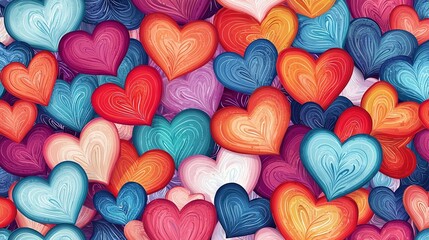 Poster -   Blue, pink, red, orange, and white backgrounds with many colorful hearts shaped like a heart