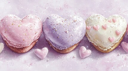 Wall Mural -   Three heart-shaped pastries on a table with hearts-shaped doughnuts nearby