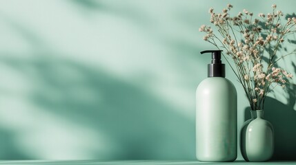 Wall Mural - Minimalist composition featuring a green bottle with a pump and a vase with dried flowers, set against a light green background, evoking a serene and stylish atmosphere.