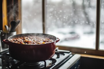 Warm stew simmers on the stove while snow gently falls outside the cozy kitchen window during winter