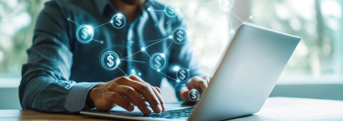 A business professional using an online financial service on their laptop, with dollar signs and digital connections floating around them to represent the interconnectedness of money Generative AI