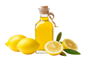 Lemon infused olive oil in bottle with cork surrounded by fresh lemon isolated on white transparent background. Food ingredient and cooking concept