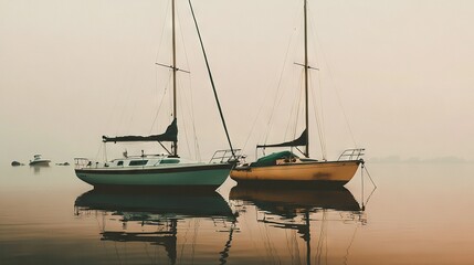 Poster -   A few boats float on a lake beside each other on top of the water