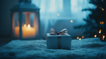 Sticker -   A gift box with a bow sits on a blanket near a lit Christmas tree