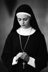 Poster - Solemn nun in traditional black and white habit standing in a dimly lit chapel holding rosary beads with soft light illuminating her serene face in deep prayer 