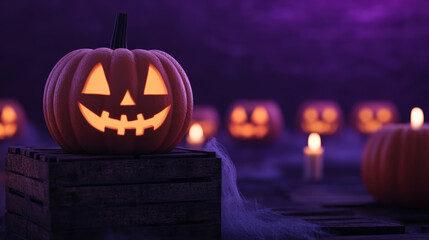 Sticker - Spooky Halloween showcase with glowing jack-o'-lanterns stacked on wooden crates, surrounded by flickering candles and fake cobwebs dark backdrop with eerie purple lighting 