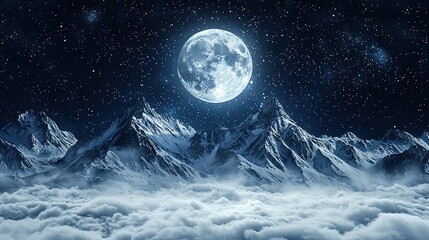 Canvas Print -   A stunning mountain range bathed in moonlight beneath cloudy skies