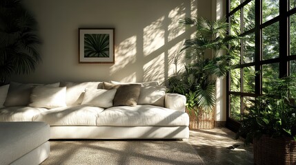 Wall Mural - Modern living room bathed in natural light, featuring a white sofa and lush green plants, creating a fresh and tranquil ambiance with a touch of nature indoors.