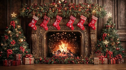 Poster -   A Christmas-decorated fireplace with stockings hung from the mantle and above the fire