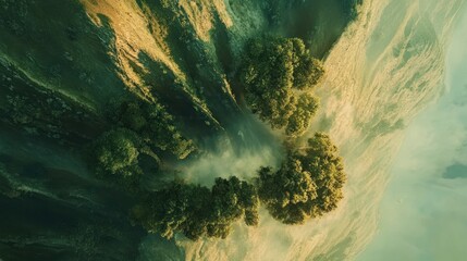 Wall Mural - Aerial View of a Green Valley with Trees and Fog