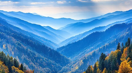 Canvas Print -   A stunning view of a mountain range, surrounded by trees in the foreground and a picturesque valley in the background