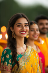 Poster - Vibrant image of a group of friends dressed in colorful ethnic wear celebrating Diwali women in lehengas men in kurtas with joyful expressions rangoli and diyas enhancing the scene 