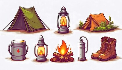 Wall Mural - Pixelated Retro Camping Icons Set - 16-bit pixel art sprites for camping-themed icons - tent, campfire, hiking boot. Game design assets. Graphic art 8 bit illustration isolated