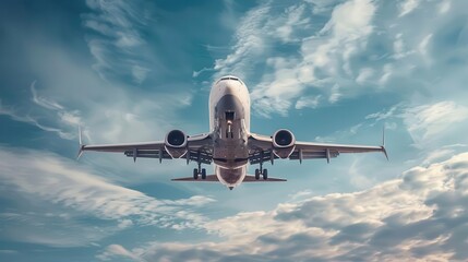 Wall Mural - modern passenger jet airplane taking off into partly cloudy blue sky commercial aviation concept