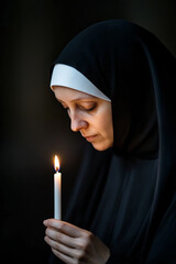 Poster - Young nun lighting a single candle in a dark, quiet chapel creating an atmosphere of solemn reverence and reflection 