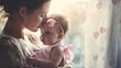 © keetazalay - An emotional scene of a young woman holding her infant child, both wearing pink ribbons, standing in front of a window with soft light filtering through, symbolizing new life, hope, and the journey