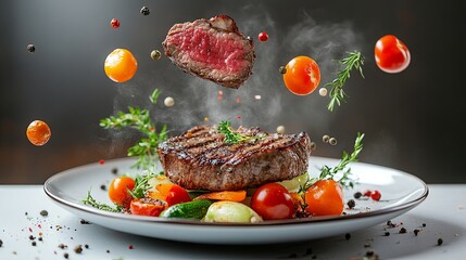 A grilled steak with fresh vegetables floating and falling into an isolated plate