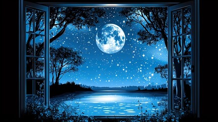 Wall Mural -   An open window with a view of the night sky and a full moon over a lake in the foreground